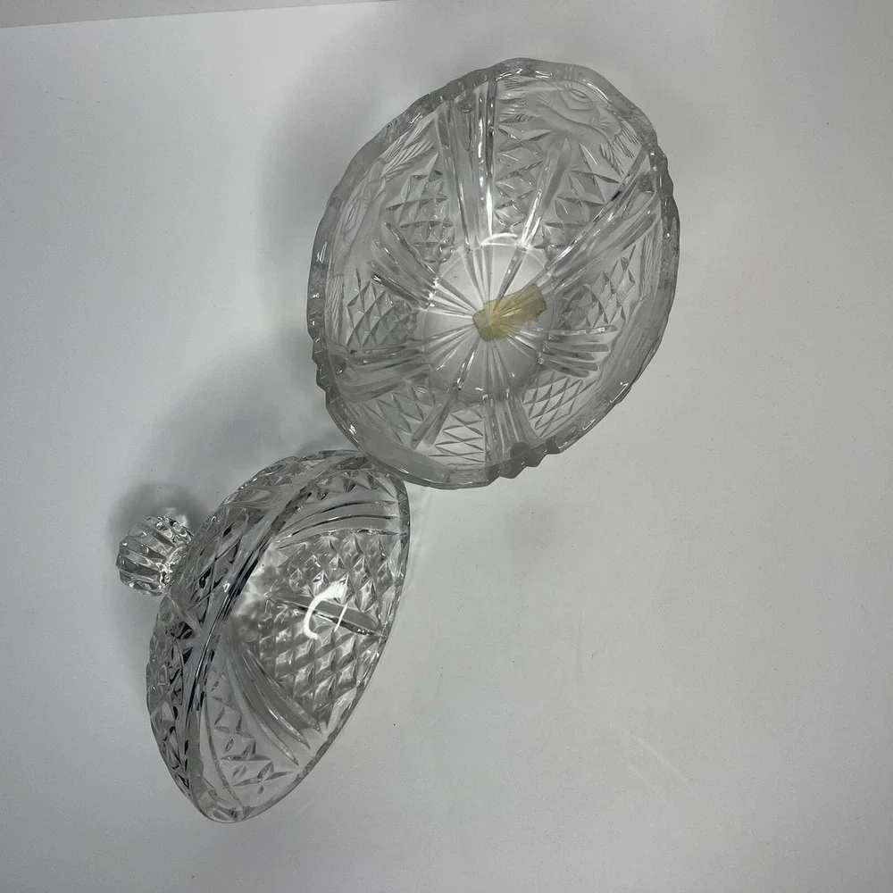 24% Crystal‎ Vintage Oval Candy Dish w/ Lid Glass Etched West Germany Floral